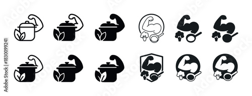 Fitness cooking icons: muscular arms, pots, broccoli, weights