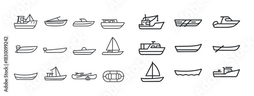 Collection of various boat and ship line icons in simple black design
