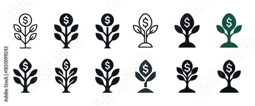 Set of money plant icons with dollar signs in various styles
