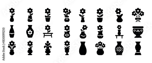Silhouette icons of various flower vases with decorative plants