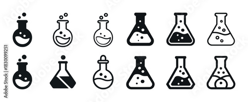 Collection of laboratory flask and beaker icons in black and white design