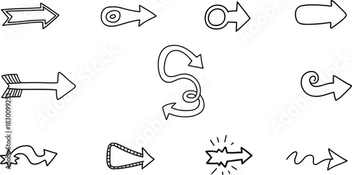 Collection of varied arrow doodles drawn with loose sketchy black lines.