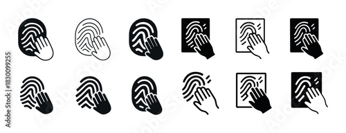 Monochrome fingerprint and hand icon set for identification and security