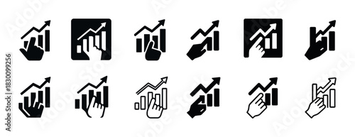 Hand icons with growing graphs in various styles
