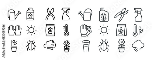 Gardening icons collection: tools, plants, weather, insects, temperature