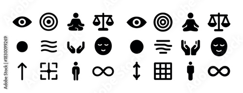 Collection of minimalist icons including eye, meditation, scale, circle, and infinity symbols