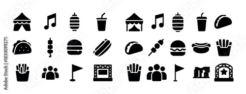 Festival icons: tents, music, food, people, flags