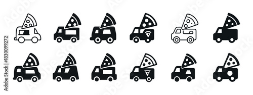 Icon set of pizza delivery trucks: black and white variants