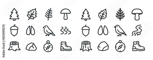 Nature icons: trees, leaves, mushrooms, animals, and outdoor symbols