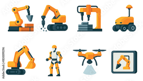 Construction machinery and robots, flat vector illustration, industrial technology