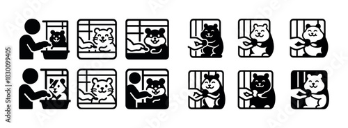 Black and white animal icon collection featuring various animals in cages