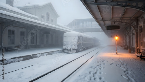 Winter Station: A serene, snow-covered train station stands in the middle of a heavy snowfall, with a train blanketed in the icy embrace of winter. The air is filled with the hush of falling snow.