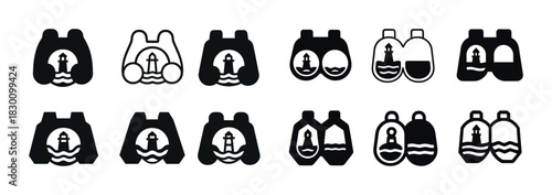 Set of binocular icons with lighthouse and waves in various styles