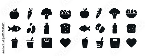 Healthy food and drink icons: fruits, vegetables, fish, beverages, dairy, and health symbols
