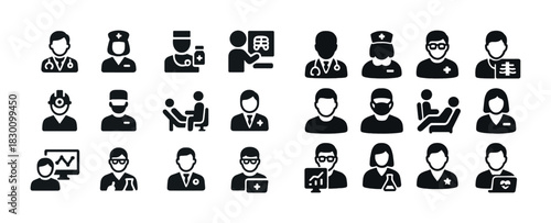 Medical professional icons set in black and white silhouette style