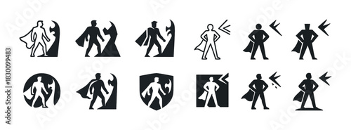 Silhouette superhero icons: caped figures and action poses collection
