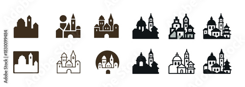 Diverse architectural icons: castles and churches in monochrome silhouette