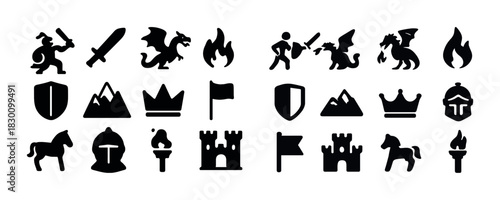 Fantasy icons collection: knights, dragons, castles, shields, and crowns