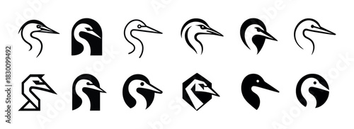 Stylized bird head silhouettes and abstract geometric designs