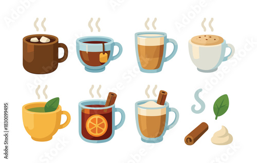 Hot beverages collection, coffee, tea, and cocoa, flat vector illustration