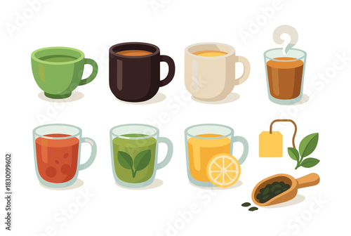Tea cup collection, herbal, lemon, green, flat vector illustration of mugs