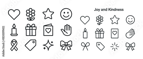 Joy and kindness icon set: hearts, flowers, gifts, smiles, ribbons, candles