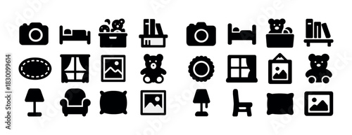 Collection of black silhouette home icons featuring furniture decor and essentials