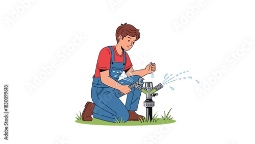Young man working on a garden sprinkler, ensuring proper irrigation and water distribution for a healthy lawn illustration