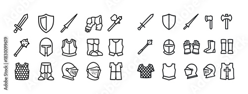 Medieval weapons and armor icons set in black and white