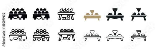 Icon set of dining table designs with food and drink symbols