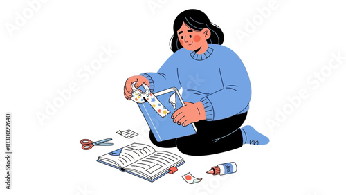 Girl crafting scrapbook adorned with photos, stickers, and personalized embellishments