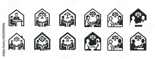 Icons of legal consultation: silhouettes of people and justice symbols