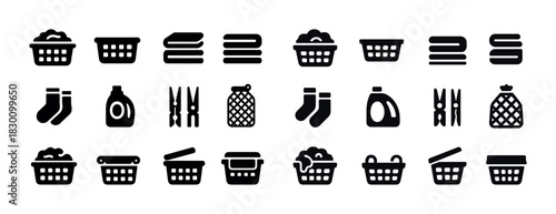 Laundry icon set: baskets, detergent, clothes, pegs, socks