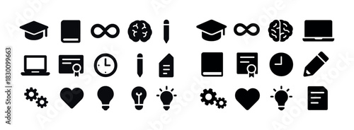 Education and innovation icons: graduation, ideas, technology, learning, creativity