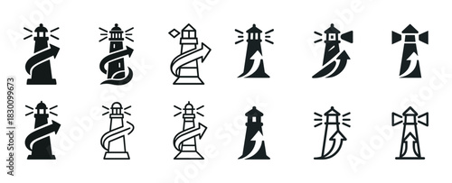 Black and white nautical lighthouse icons with arrows set