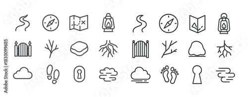 Minimalist outdoor icons featuring compass, map, lantern, and nature elements