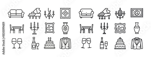 Stylish home decor icons featuring furniture, art, and dining elements