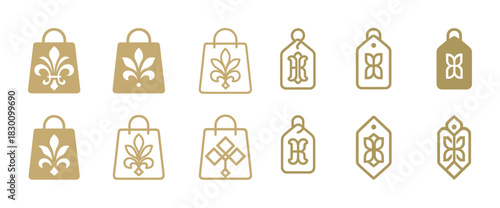 Set of gold shopping bag and tag icons with decorative floral designs