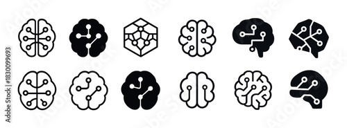 Set of brain icons representing technology and network connections