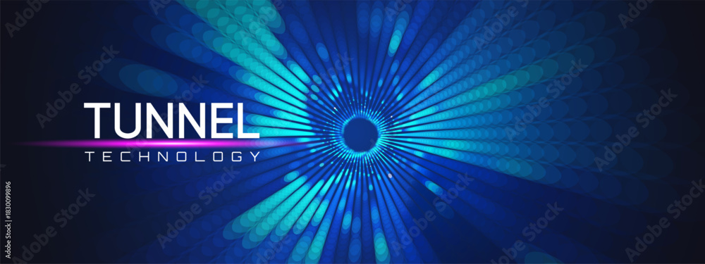 Fototapeta premium Quantum vortex tunnel with abstract portal and AI microchip for computer astrophysics or dynamic electric background. Core nano 3D and data digital texture with grid wireframe and wormhole dot.