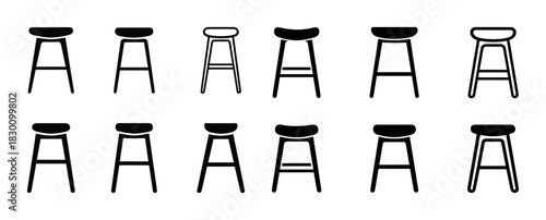 Set of various minimalist black and white bar stool silhouettes with simple design