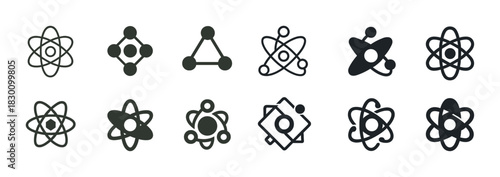 Black atom icon set: atomic structure symbols and molecular designs