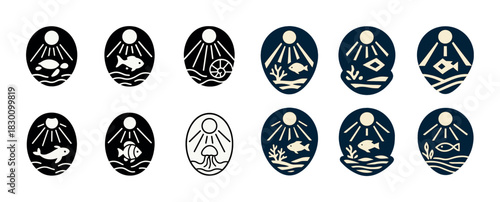 Stylized marine icons with sun, fish, jellyfish, waves, and abstract designs