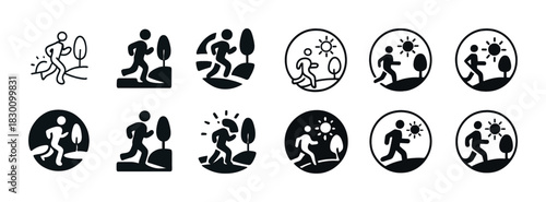 Abstract icons of people running outdoors with trees and sun