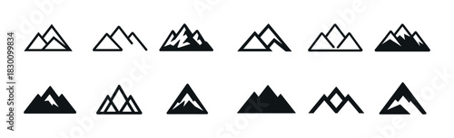 Collection of geometric mountain and triangle icons in black and white