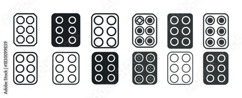 Collection of twelve muffin and cupcake tray icons in black and white