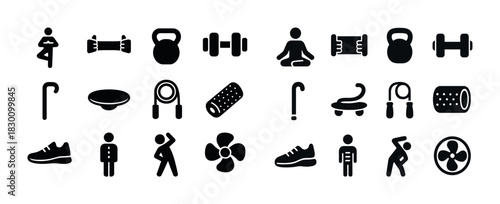Set of 20 fitness and exercise icons featuring yoga and strength training equipment