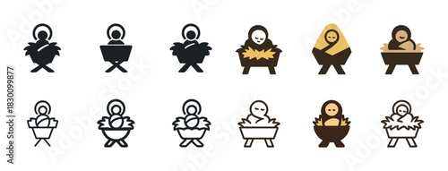 Minimalist nativity icons featuring baby jesus in a manger