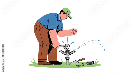 Man repairing garden sprinkler system, performing essential home maintenance tasks for efficient lawn and landscape irrigation