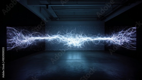 Electric Energy Wave Projection in Dark Gallery Space. AI generative